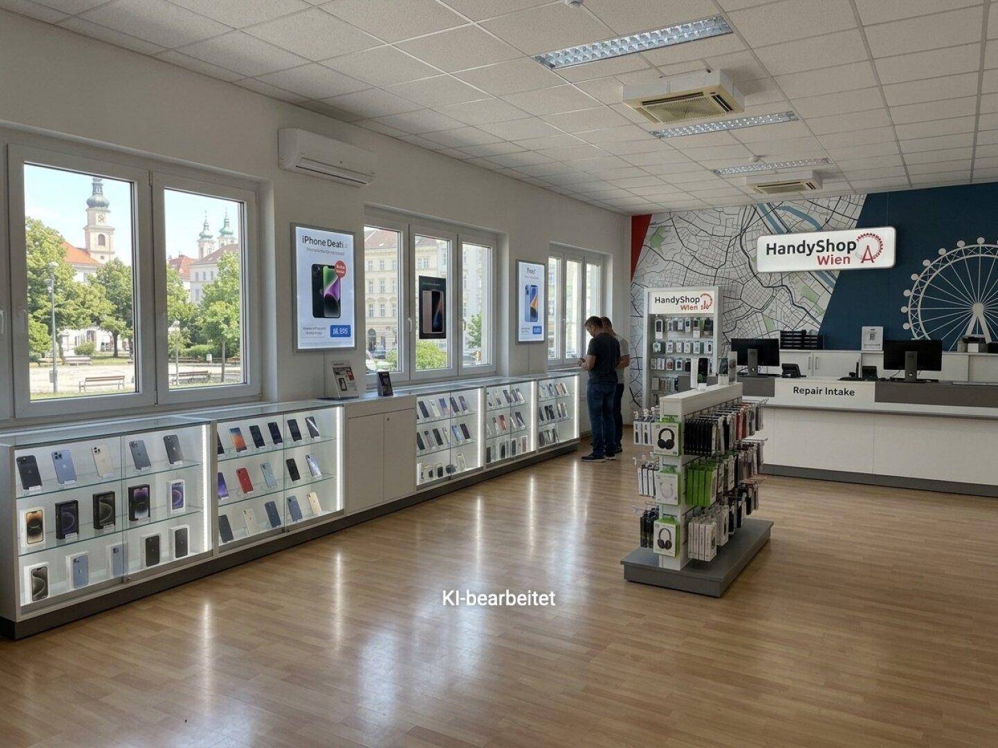 Moderner Handyshop mit beleuchteten Vitrinen, Verkaufsdisplays und Blick auf Grünflächen.