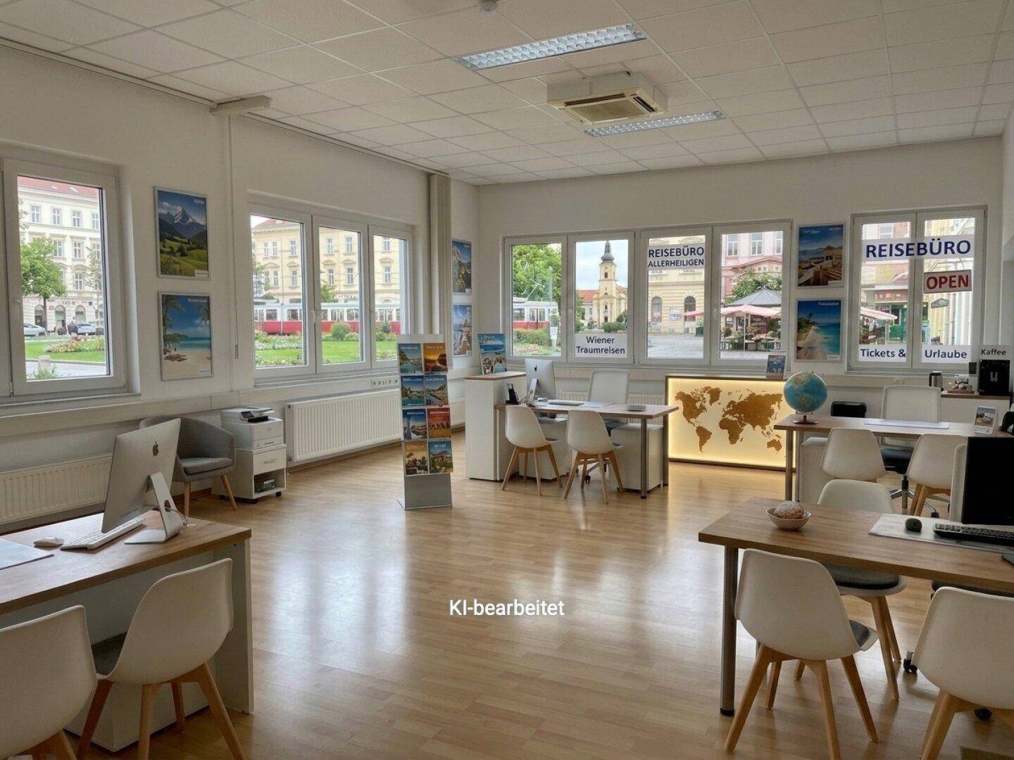 Geräumiges Reisebüro mit mehreren Beratungsplätzen, großen Fenstern und Blick auf die Straße.