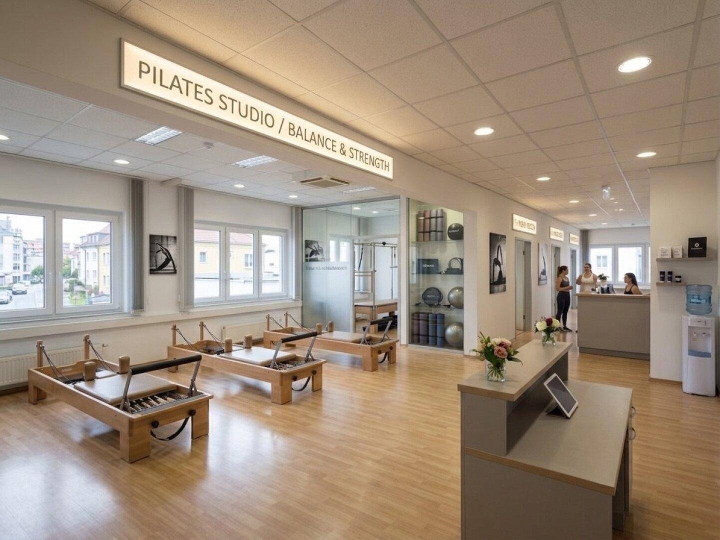 Pilates-Studio mit Reformer-Geräten, einem Empfangstresen und großen Fenstern, die den Raum mit Tageslicht füllen.