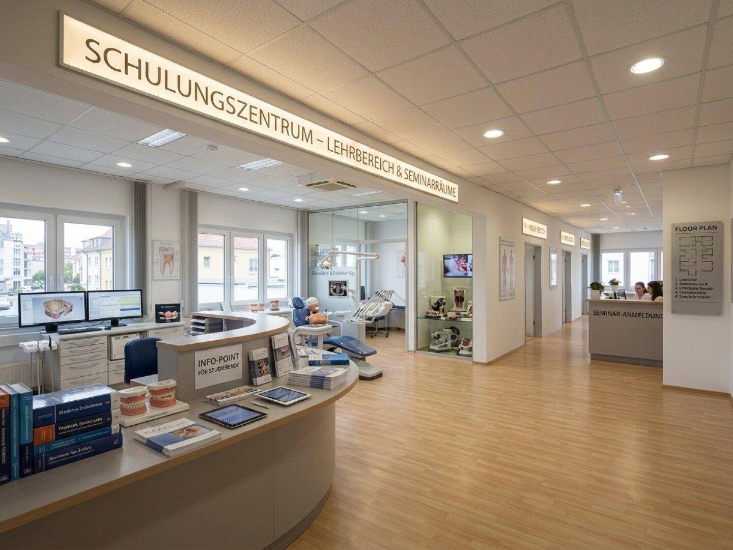 Schulungszentrum mit Informationspunkt, Lehrbereich und Seminarräumen, ausgestattet für zahnmedizinische Ausbildung.