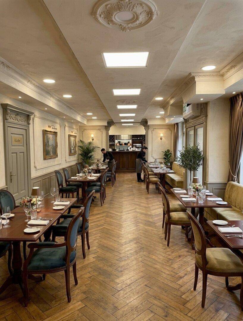 Langer Restaurantflur mit Fischgrätparkett, eleganten Wandvertäfelungen und einer Bar im Hintergrund.