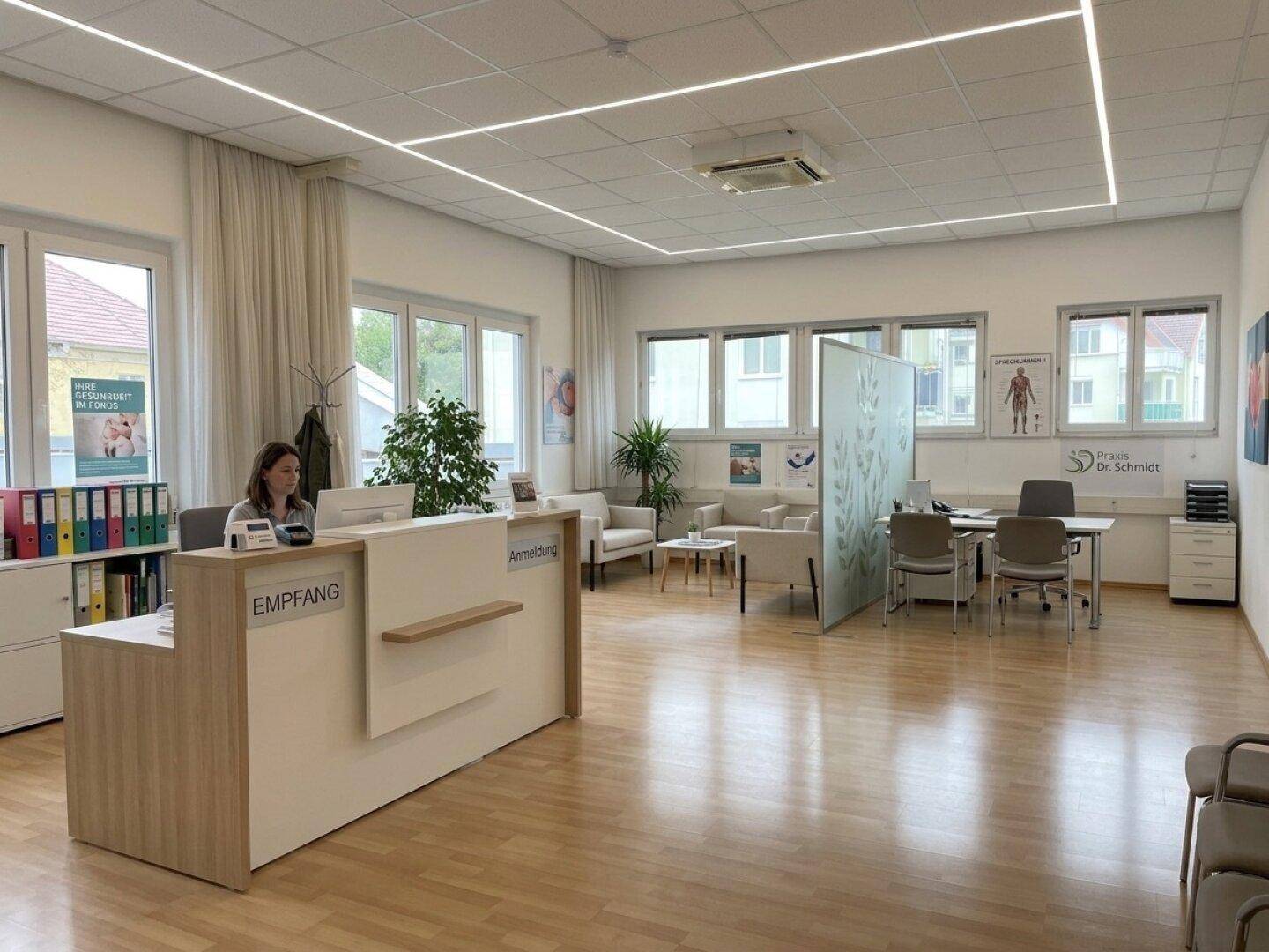 Helle und geräumige Empfangshalle einer Arztpraxis mit Wartebereich und großzügigen Fenstern.