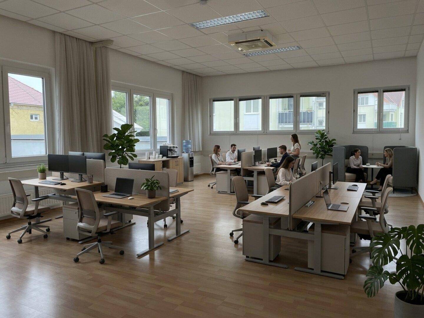 Großes, offenes Büro mit mehreren Arbeitsplätzen, modernen Schreibtischen und viel Tageslicht.