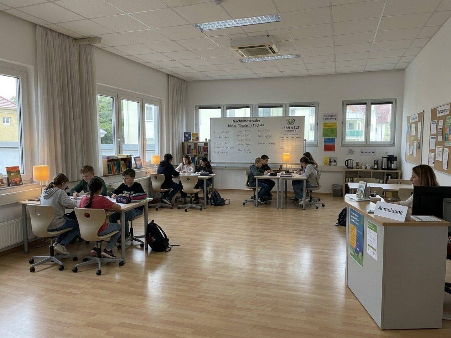 Heller Klassenraum mit Schülern an Tischen, Whiteboard und großen Fenstern für natürliches Licht.