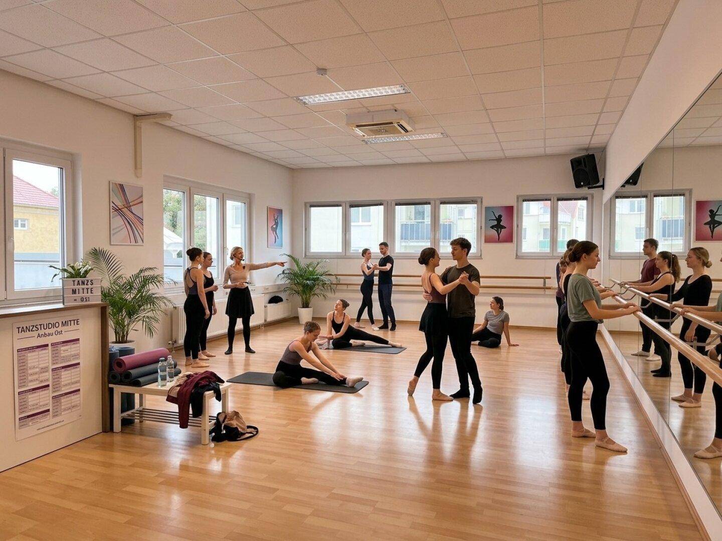 Geräumiges Tanzstudio mit Spiegelwand, Ballettstangen und großen Fenstern für viel Tageslicht.
