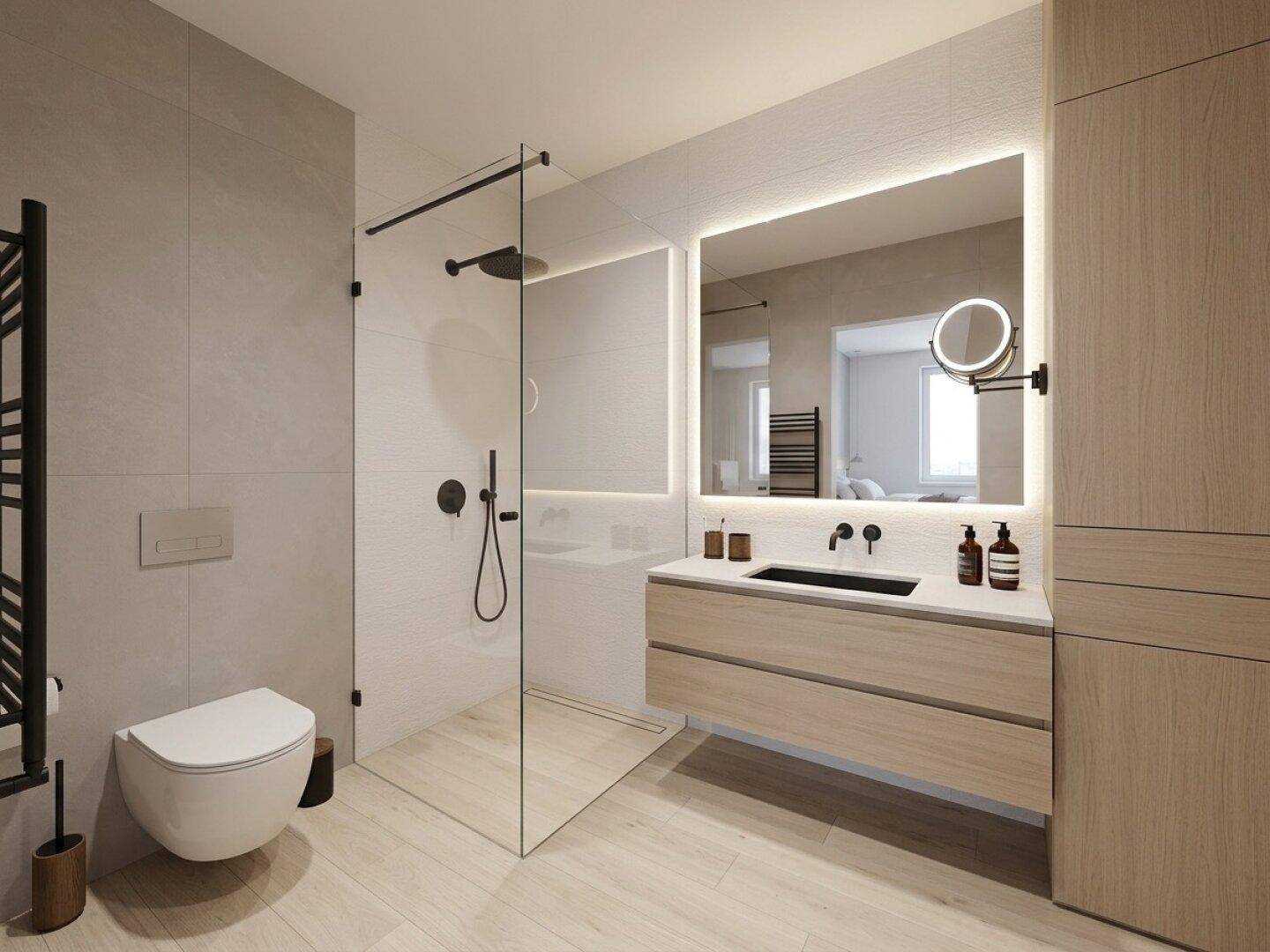 Modernes Badezimmer mit begehbarer Dusche, schwebendem Waschtisch und beleuchtetem Spiegel.
