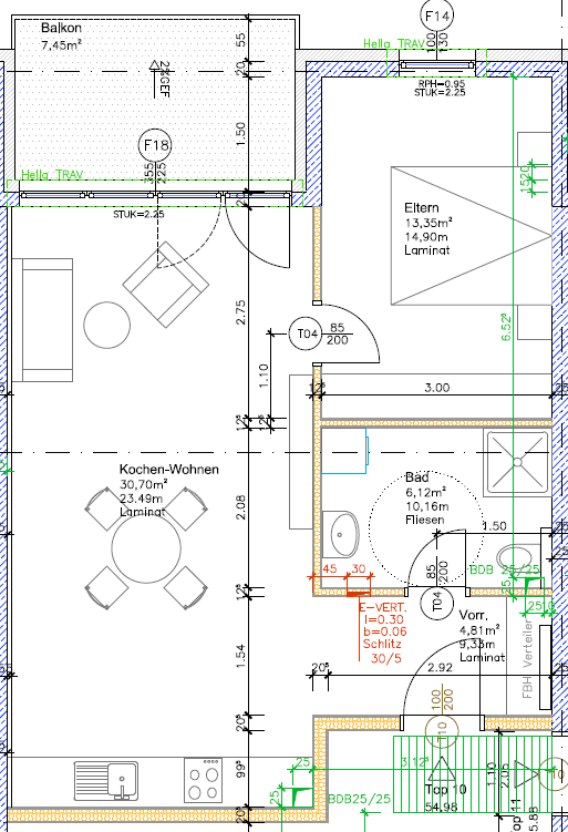 Detaillierter Grundriss einer Wohnung mit Balkon, Schlafzimmer und offenem Wohn-Kochbereich.