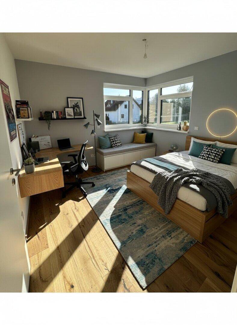 Modern eingerichtetes Schlafzimmer mit Schreibtisch, Holzboden und viel Tageslicht.