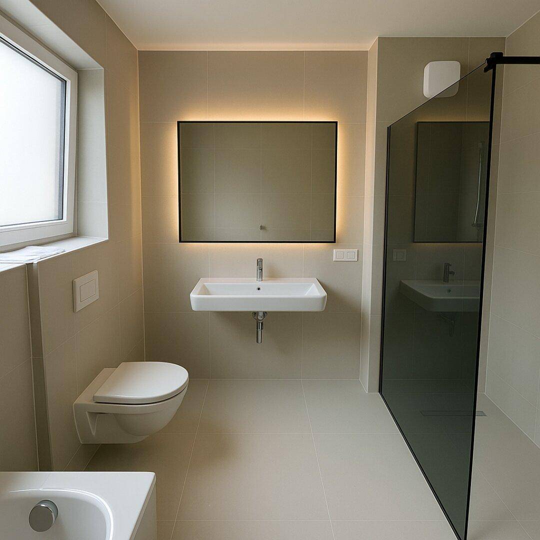 Modernes Badezimmer mit begehbarer Dusche, Wand-WC und beleuchtetem Spiegel.