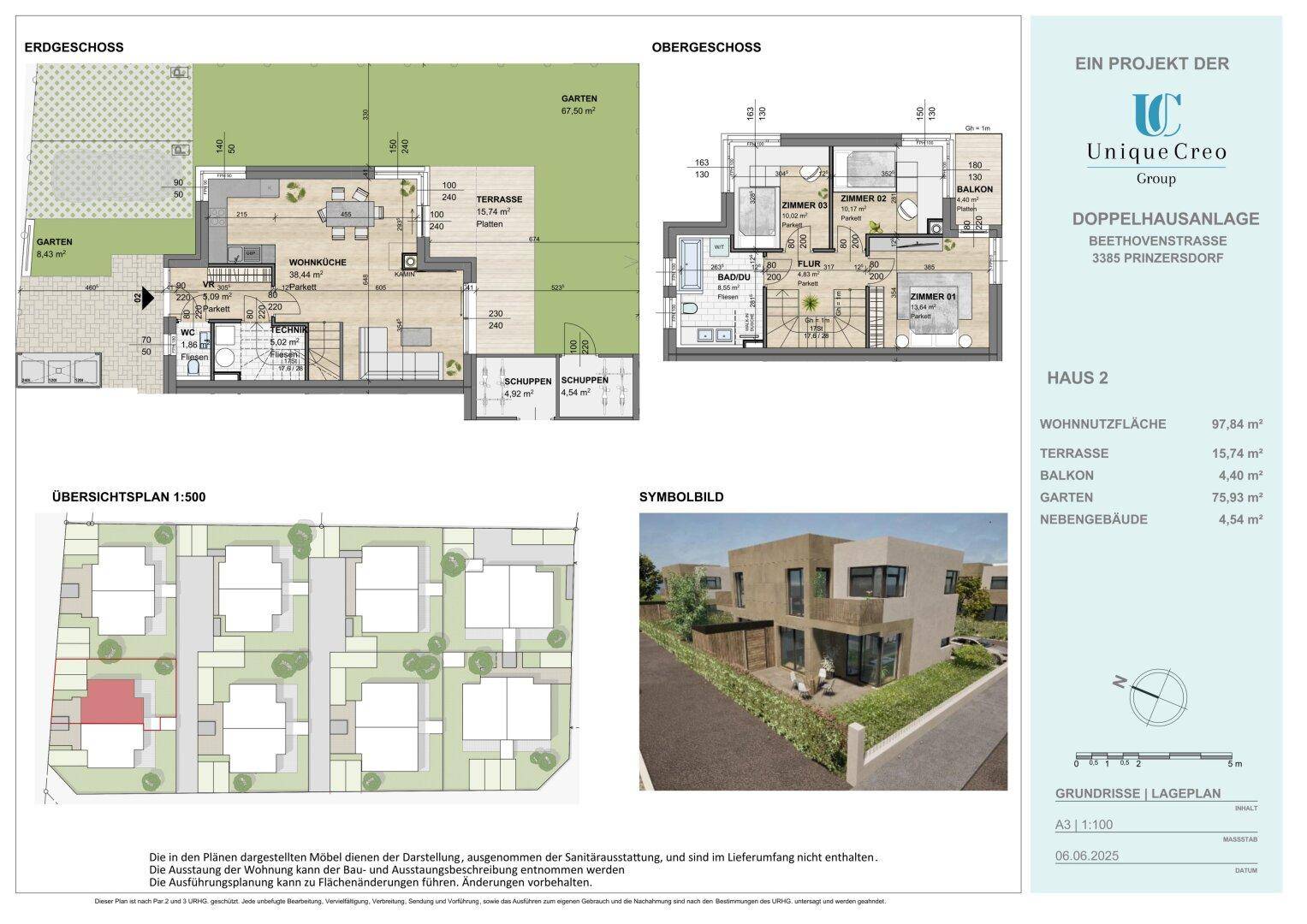 Detaillierter Grundriss von Haus 2 mit Erdgeschoss und Obergeschoss, inklusive Garten und Terrasse.