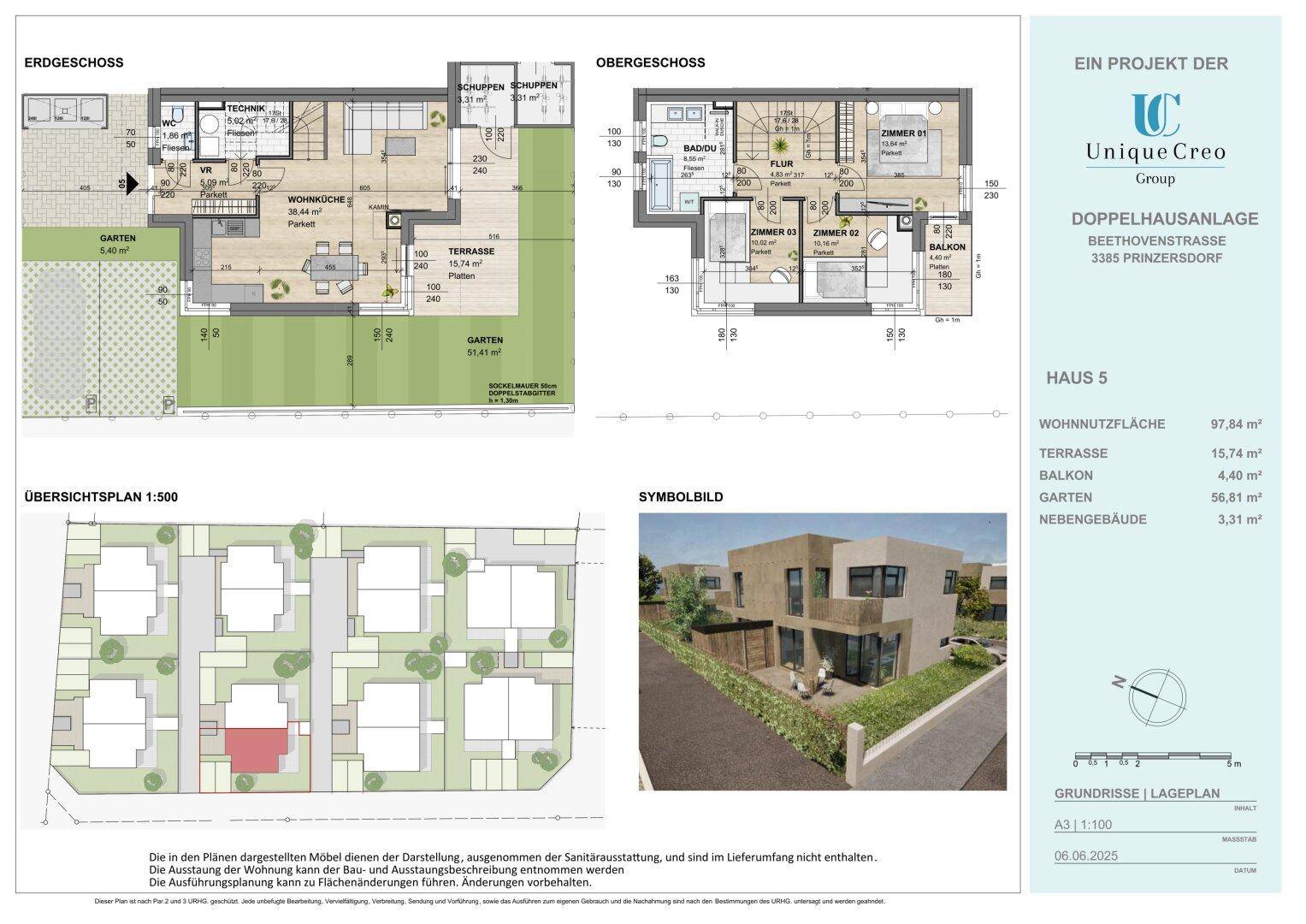 Detaillierter Grundriss von Haus 5 mit Erdgeschoss und Obergeschoss, inklusive Garten und Terrasse.