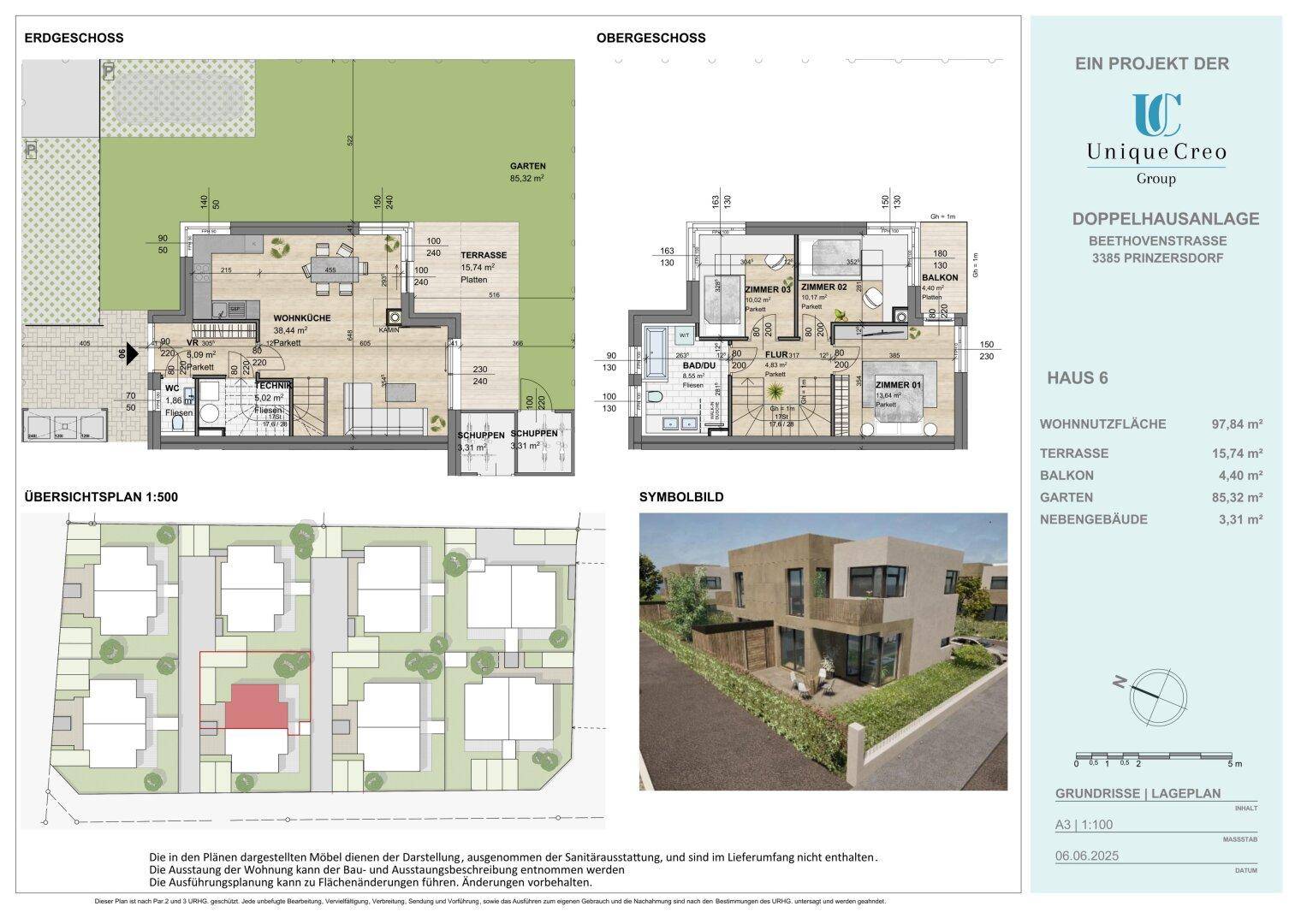 Detaillierter Grundriss von Haus 6 mit Erdgeschoss und Obergeschoss, inklusive Garten und Terrasse.
