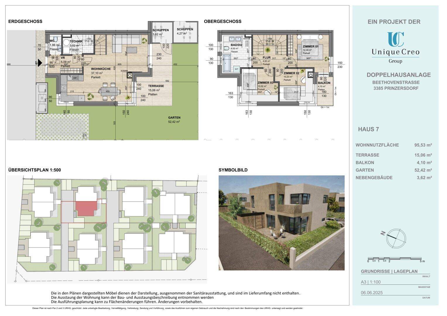 Detaillierter Grundriss von Haus 7 mit Erdgeschoss und Obergeschoss, inklusive Garten und Terrasse.