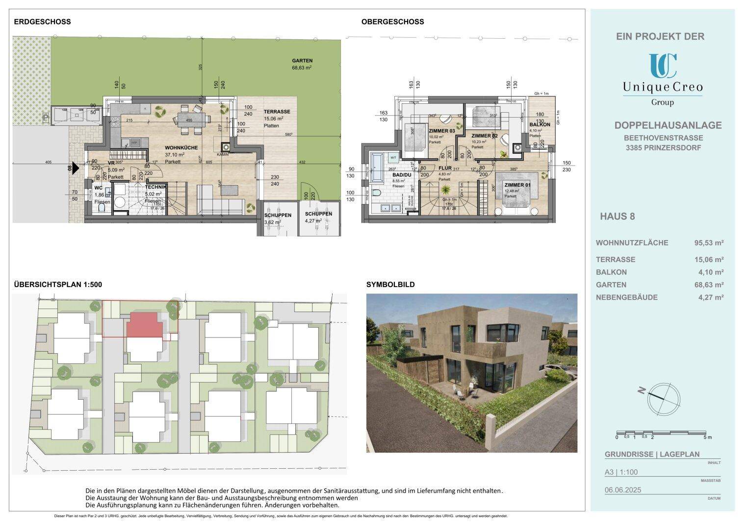 Detaillierter Grundriss von Haus 8 mit Erdgeschoss und Obergeschoss, inklusive Garten und Terrasse.