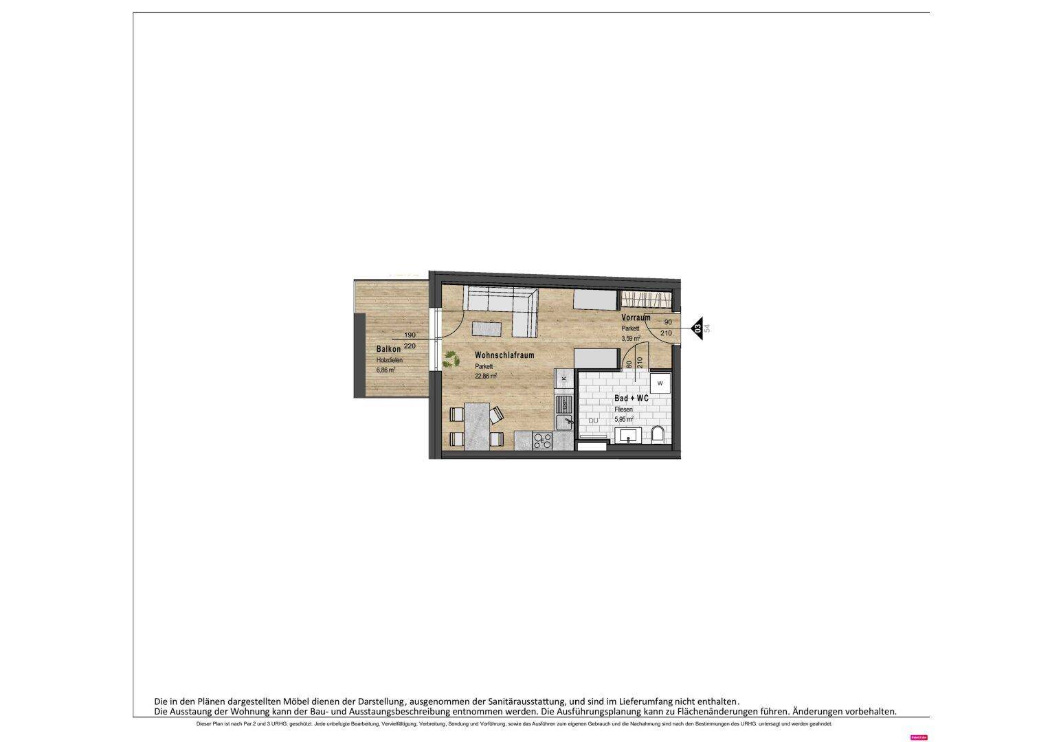 Grundriss einer kompakten Wohnung mit offenem Wohn-Schlafbereich, integrierter Küche, Badezimmer und einem Balkon.