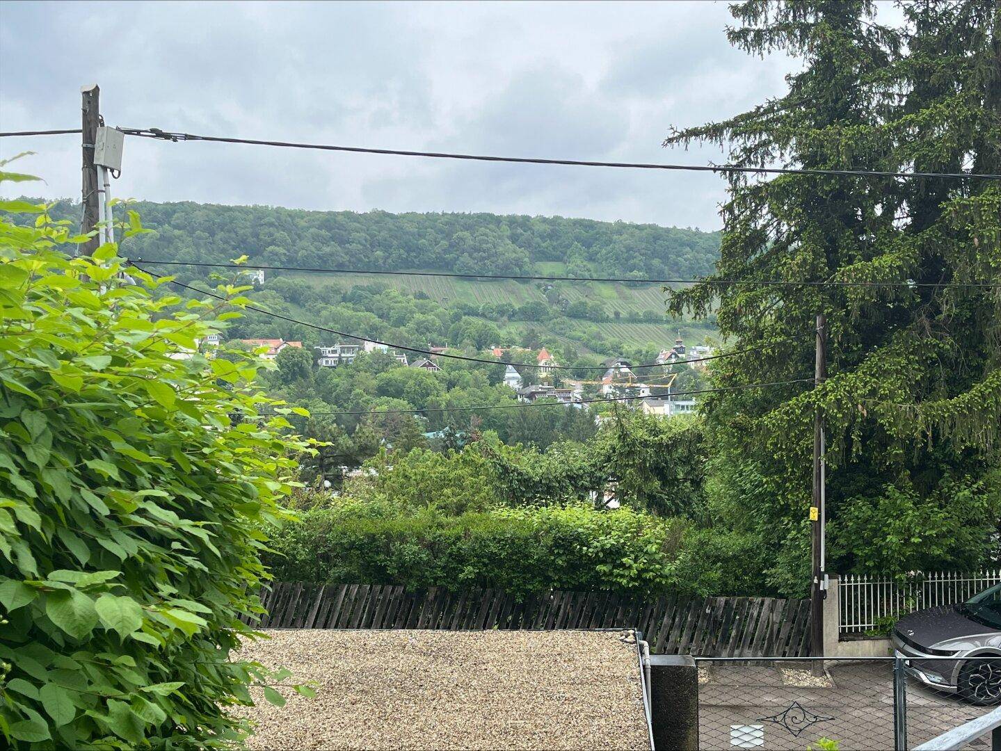 Panoramablick auf die umliegende Hügellandschaft mit verstreuten Häusern und viel Grün.