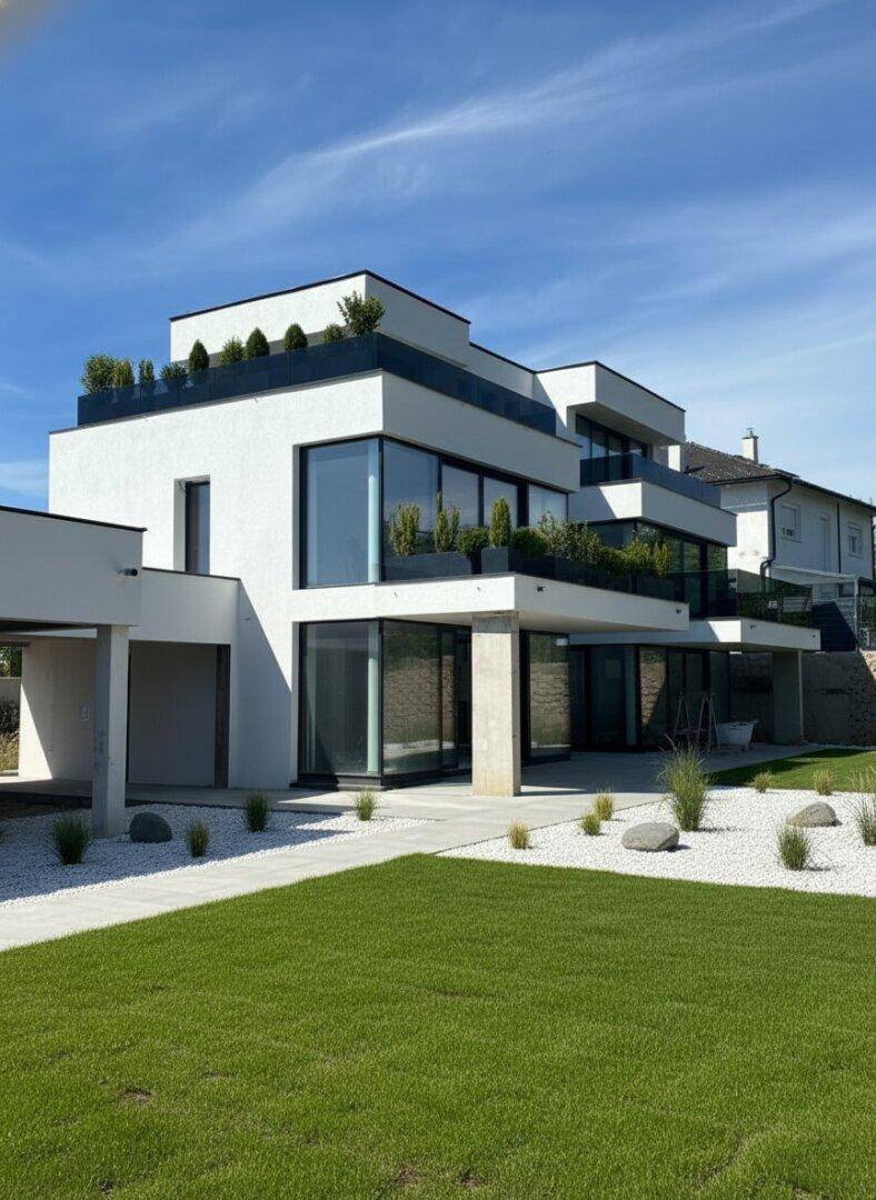 Moderne Architektur der Villa mit weißem Kies, minimalistischer Bepflanzung und großen Fensterfronten.