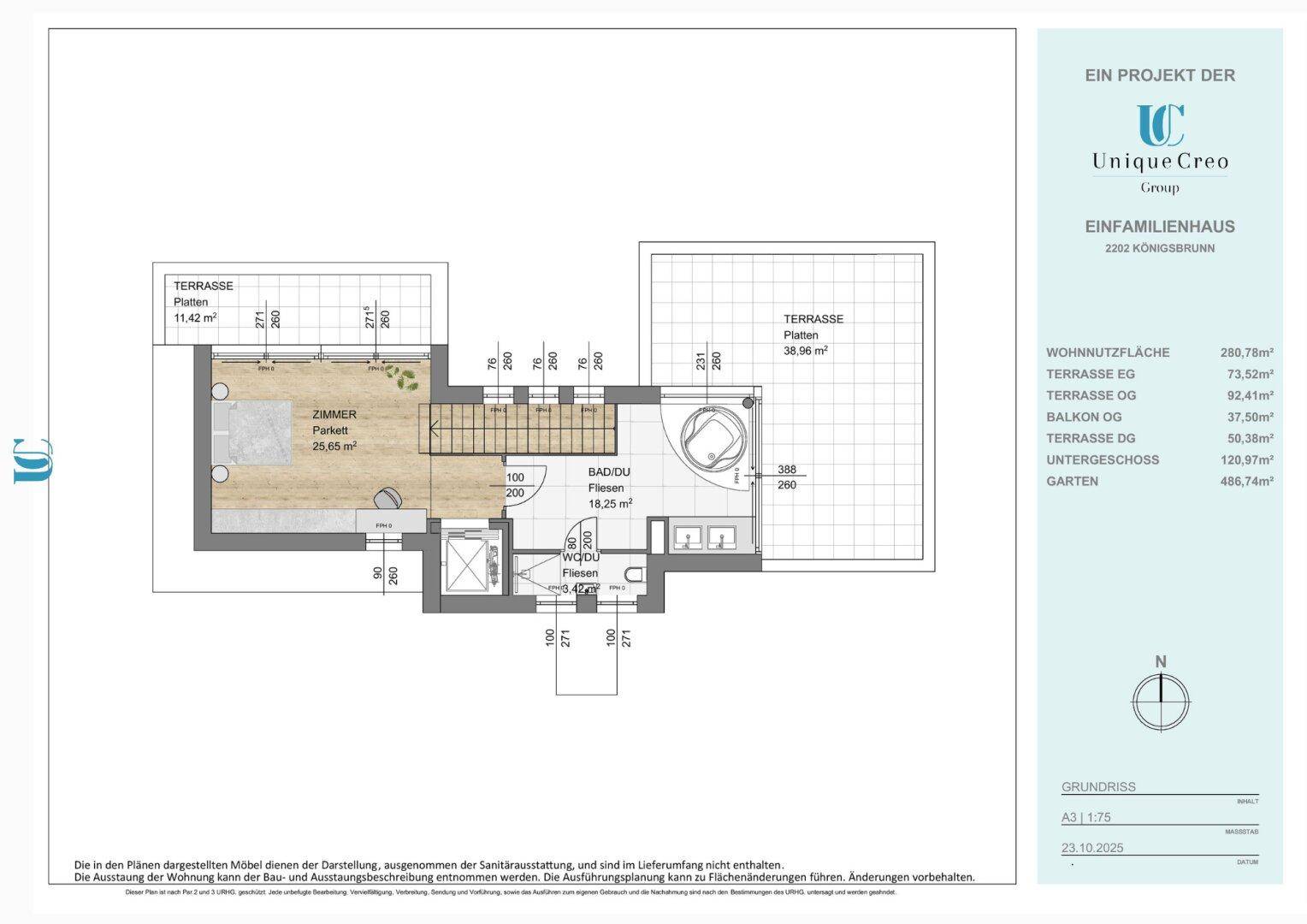 Grundriss eines weiteren Obergeschosses mit Zimmer, Bad und großer Terrasse.