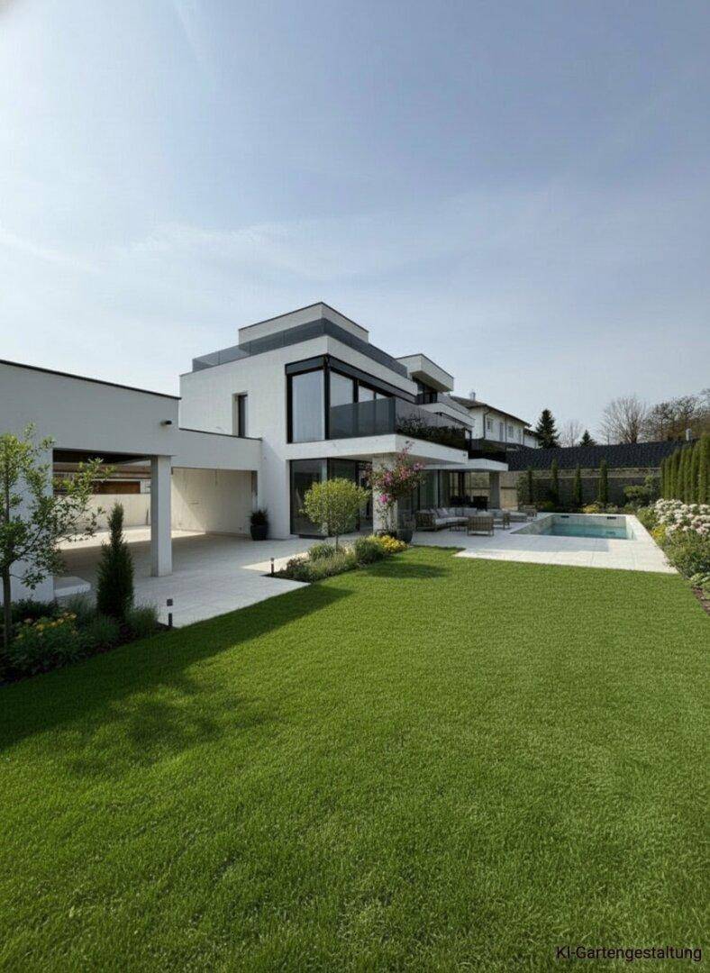 Seitenansicht der modernen Villa mit weitläufigem Rasen, Carport und Poolbereich.