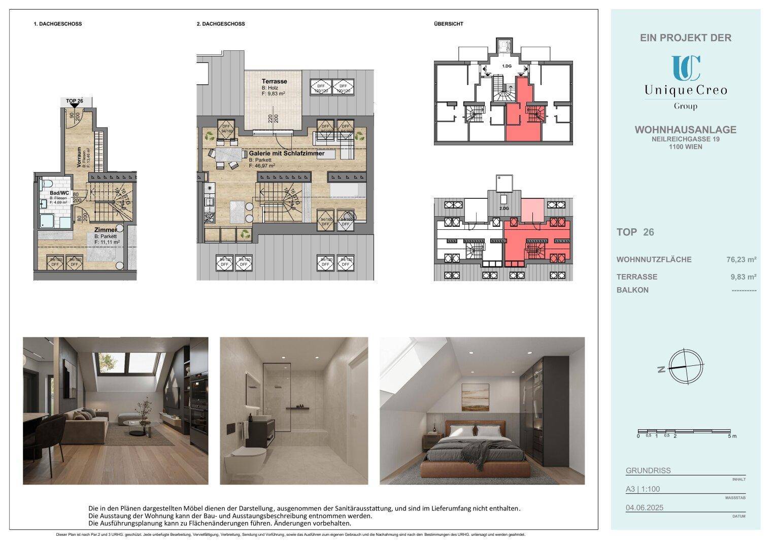 Grundrisspläne des Dachgeschosses (TOP 26) mit Terrasse und Galerie, ergänzt durch Visualisierungen von Wohn-, Schlaf- und Badezimmer.