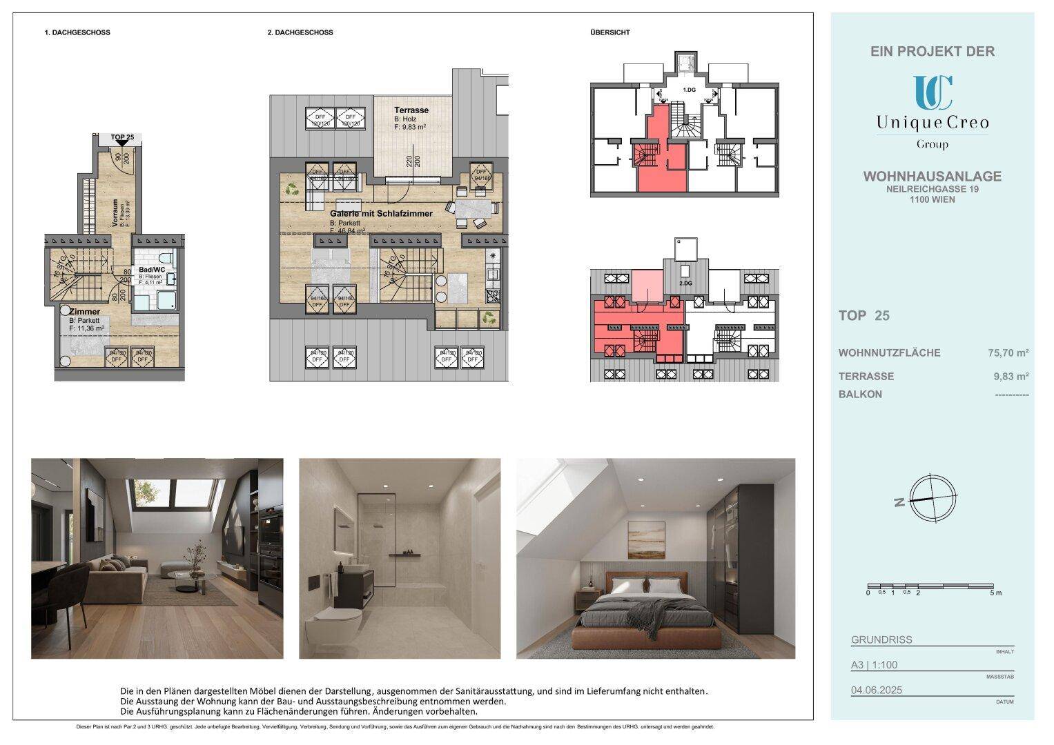 Grundrisspläne des Dachgeschosses (TOP 25) mit Terrasse und Galerie, ergänzt durch Visualisierungen von Wohn-, Schlaf- und Badezimmer.
