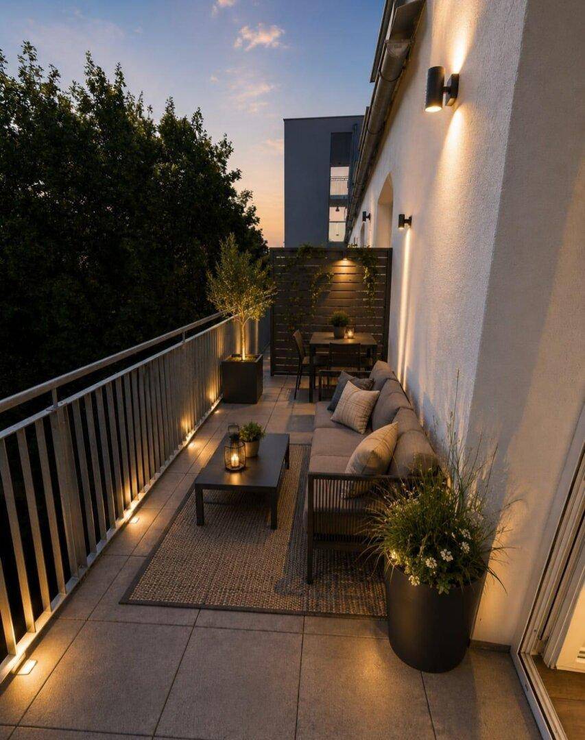 Beleuchteter Balkon am Abend mit gemütlicher Sitzecke und Pflanzen für entspannte Stunden.