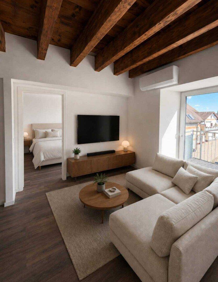 Gemütliches Wohnzimmer mit Holzbalkendecke, modernem Sofa und Blick in ein Schlafzimmer.