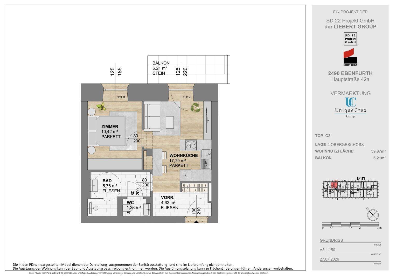 Grundriss einer Wohnung mit einem Schlafzimmer, offener Wohnküche, Bad, separatem WC und Balkon.