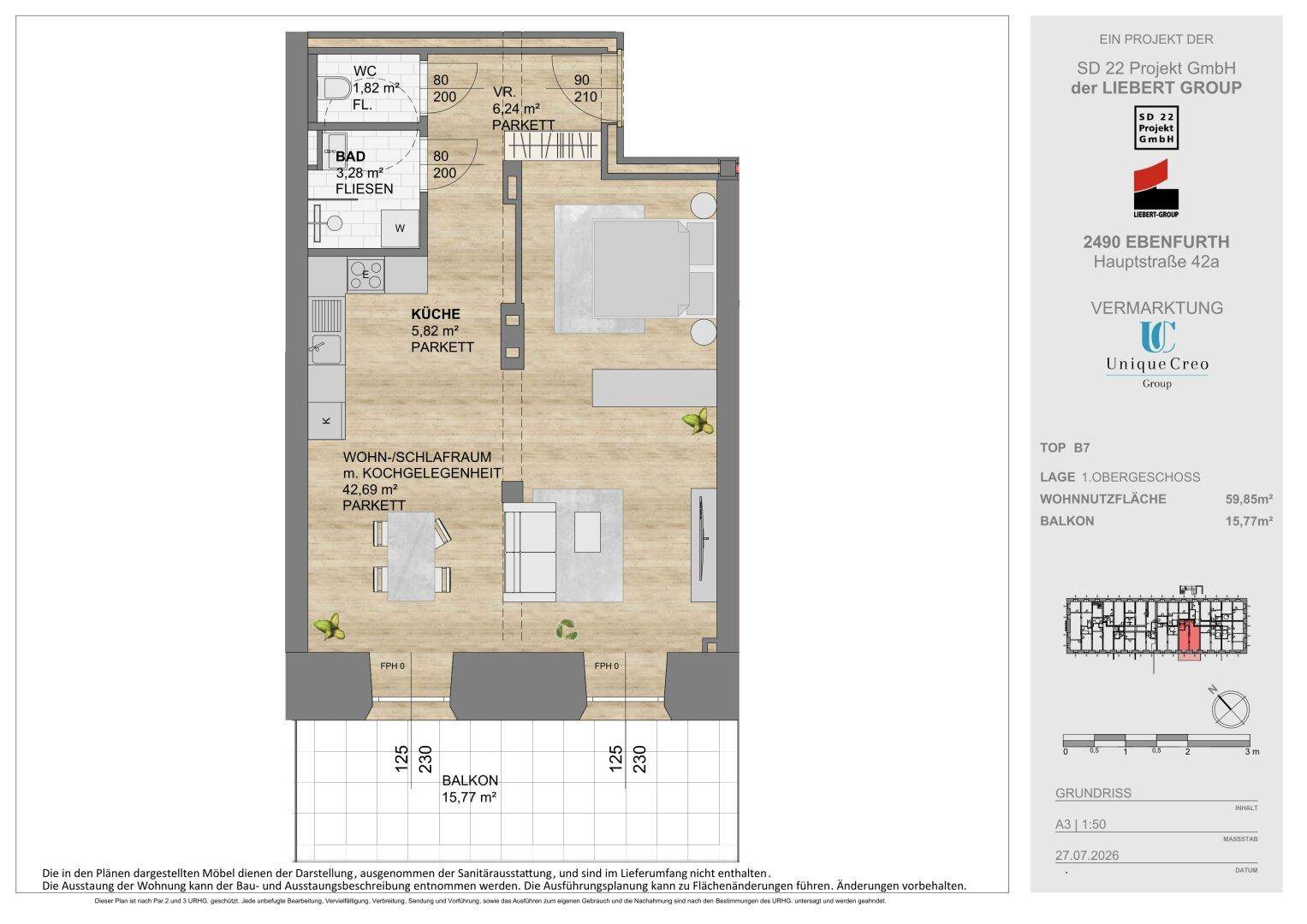 Grundriss einer modernen Wohnung mit offenem Wohn-/Schlafbereich, separater Küche und großem Balkon.