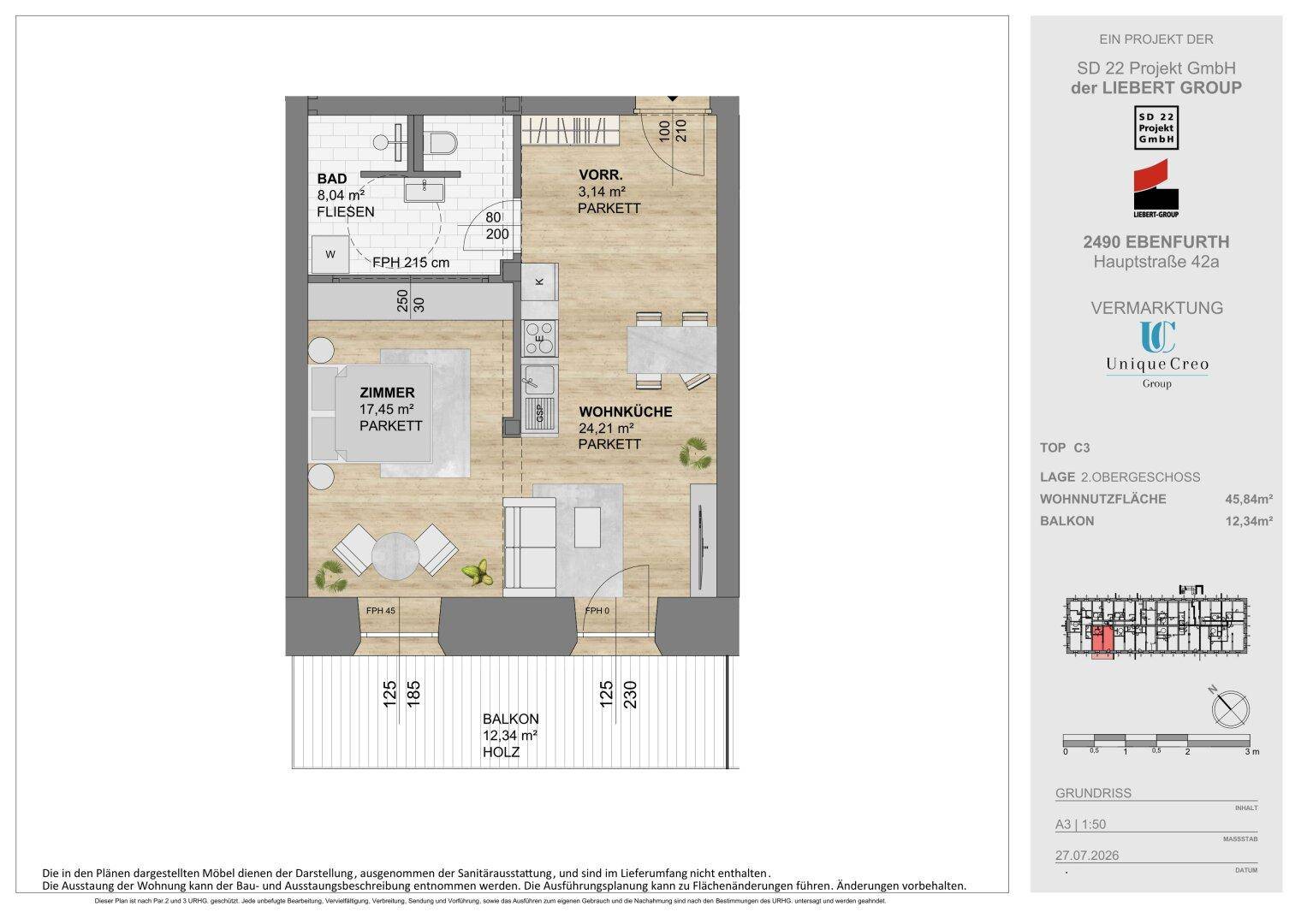 Grundriss einer kompakten Wohnung mit offener Wohnküche, einem Zimmer und Balkon.