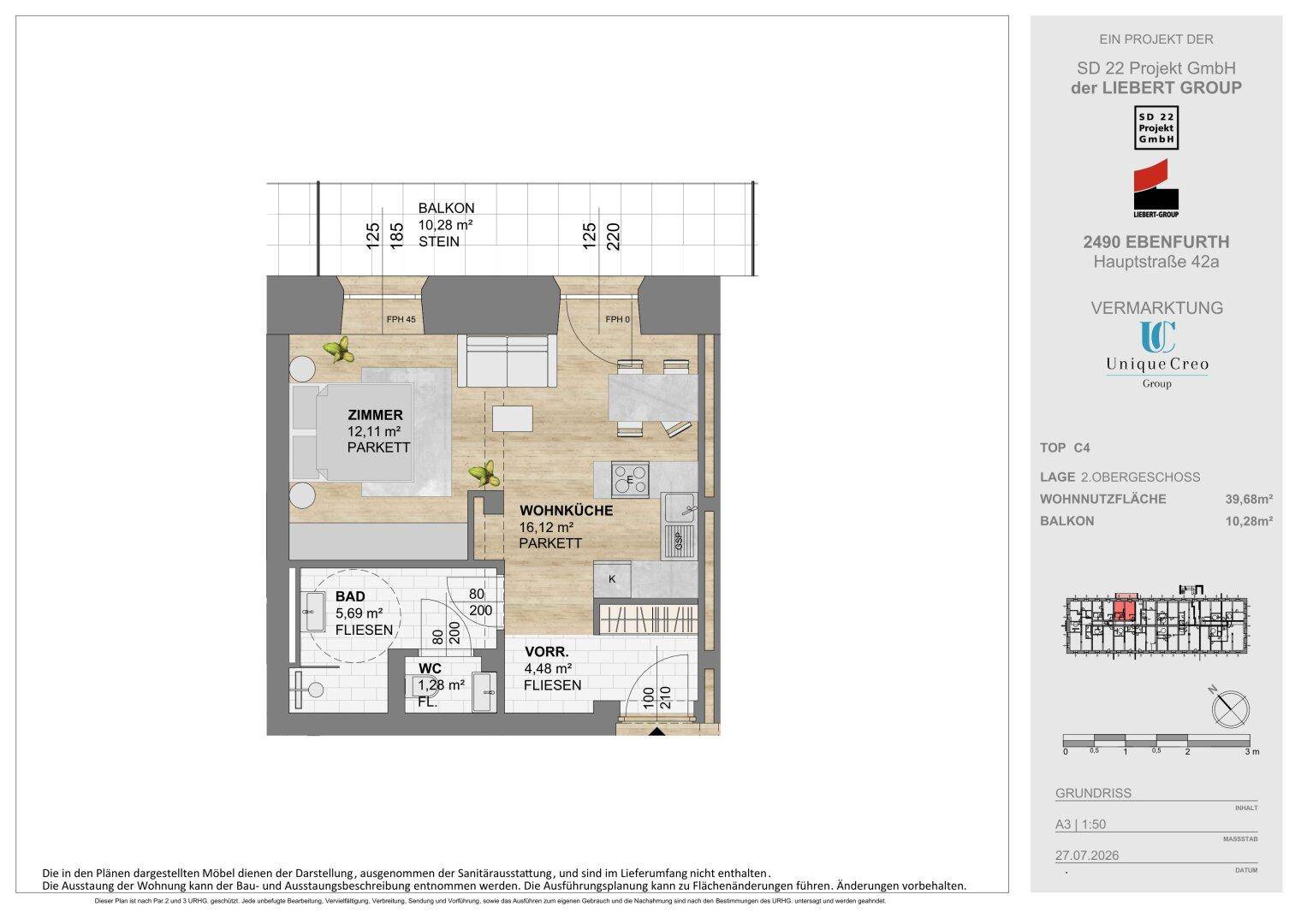 Grundriss einer effizienten Wohnung mit Wohnküche, Schlafzimmer, Bad, separatem WC und Balkon.