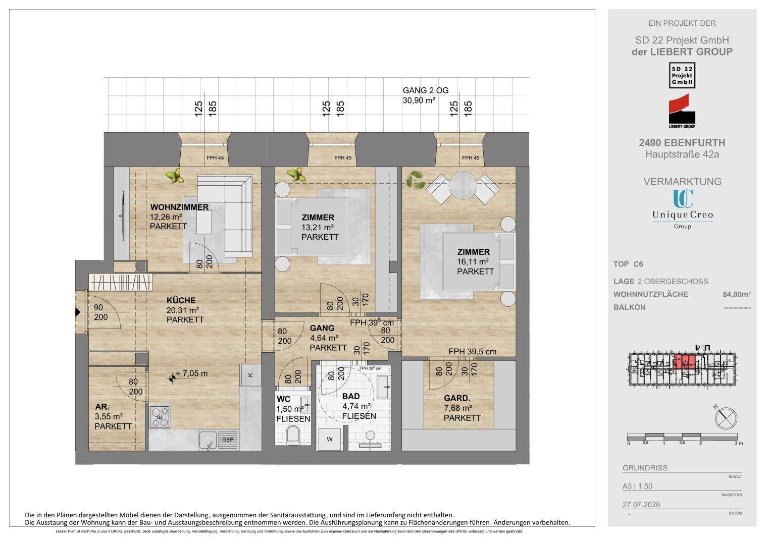 Grundriss einer geräumigen Wohnung mit separater Küche, Wohnzimmer, zwei Schlafzimmern und Balkon.