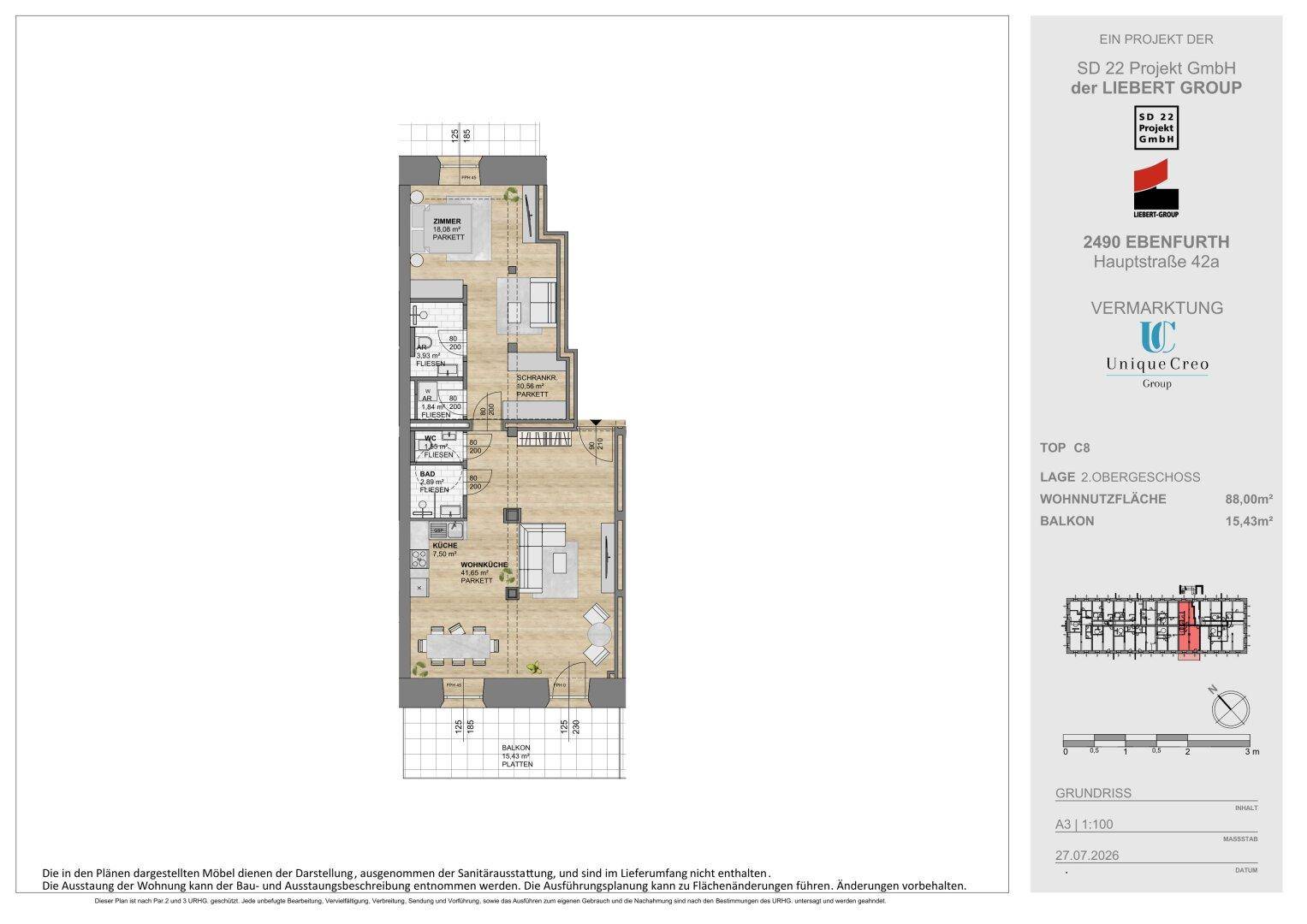 Grundriss einer Maisonette-Wohnung über zwei Ebenen mit mehreren Zimmern, Bädern und Balkon.