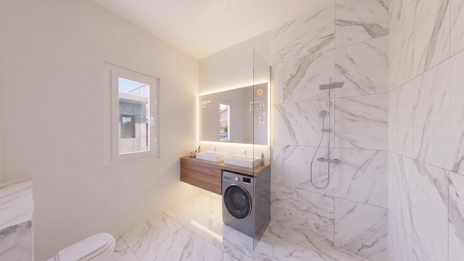 Luxuriöses Badezimmer mit Marmorfliesen, großer Dusche und Doppelwaschbecken.