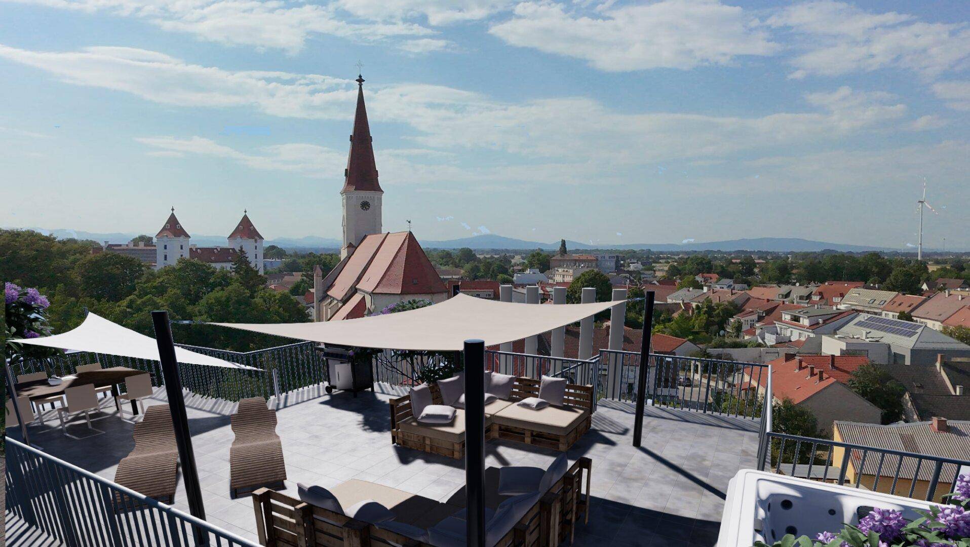 Geräumige Dachterrasse mit Lounge-Möbeln, Whirlpool und Panoramablick über die Stadt.