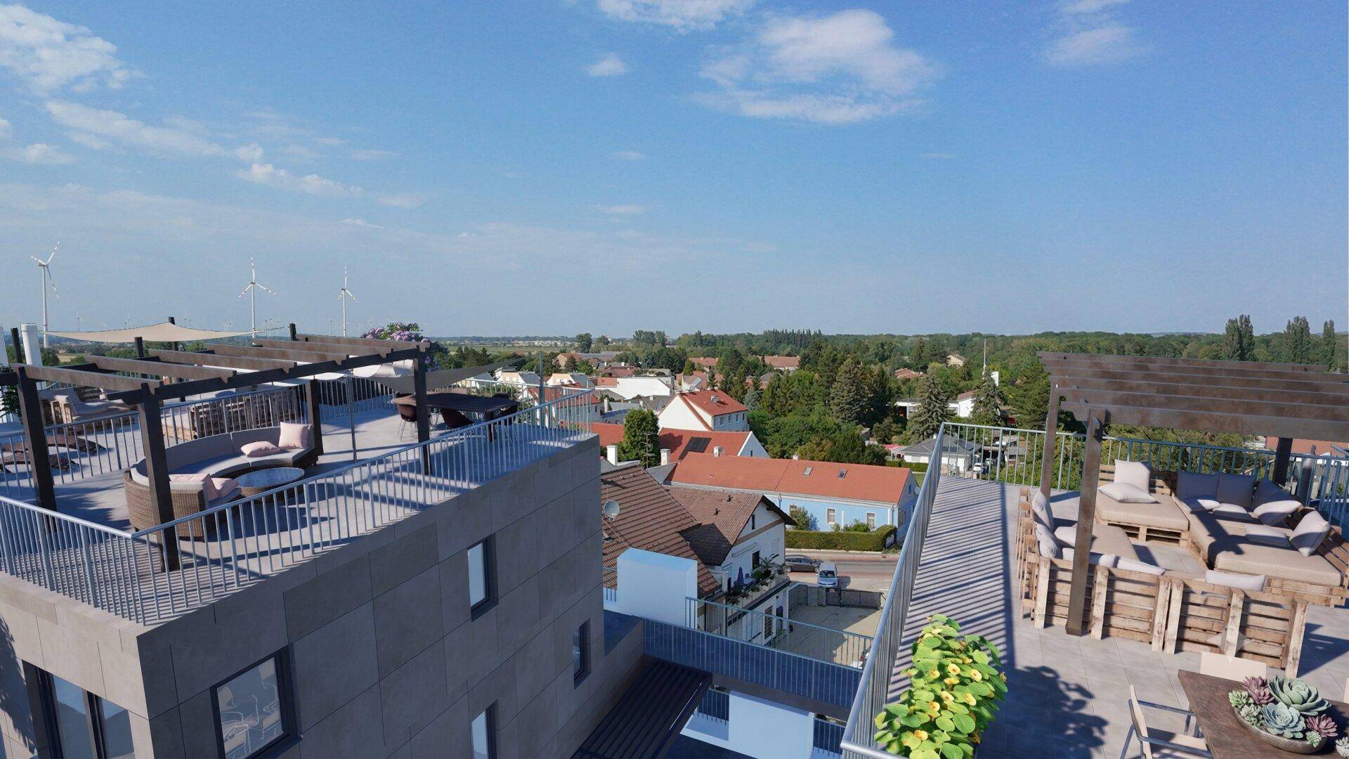 Große Dachterrasse mit verschiedenen Sitzbereichen und Pergolen, ideal zum Entspannen.