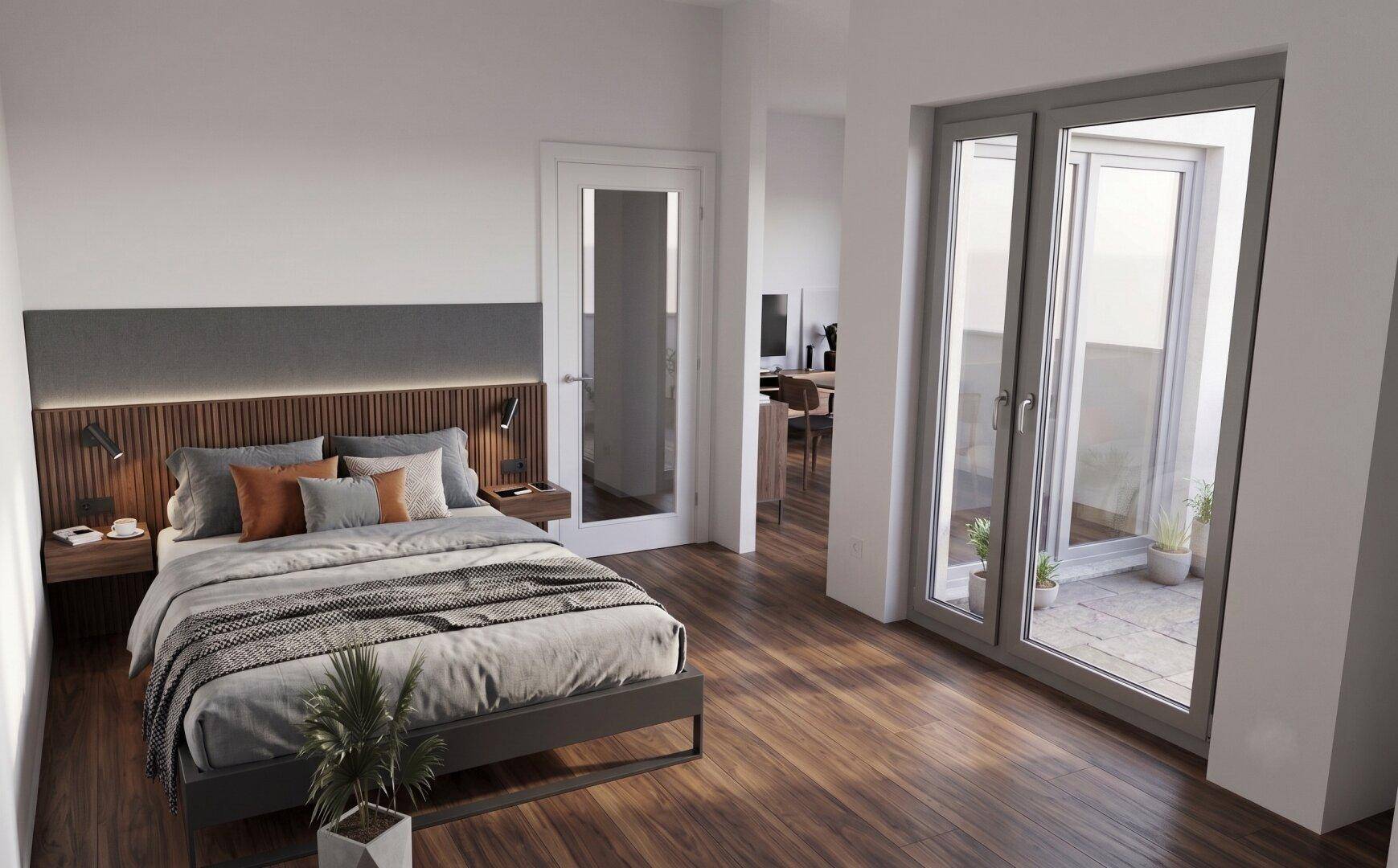 Modernes Schlafzimmer mit Holzboden und direktem Zugang zu einem Außenbereich.