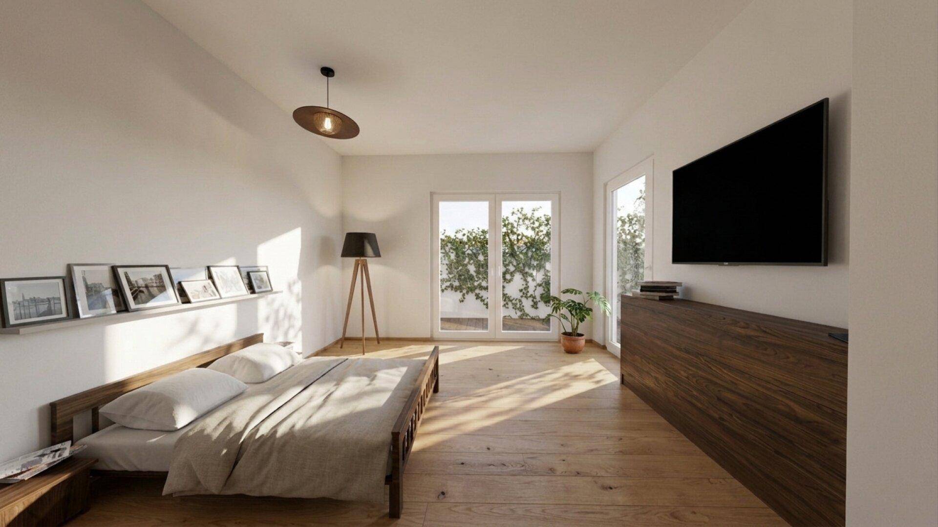 Helles Schlafzimmer mit Holzboden und Zugang zu einem begrünten Außenbereich.