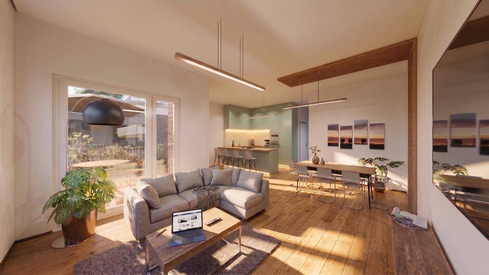 Helles Wohnzimmer mit offener Küche, Holzboden und Zugang zu einer Terrasse.
