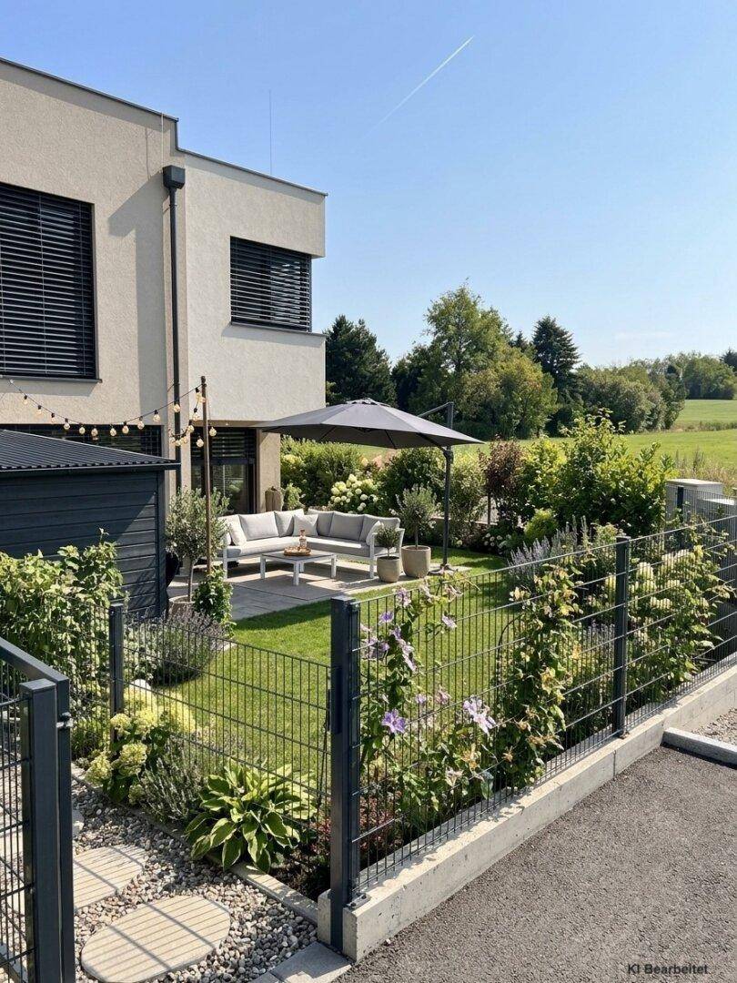 Sonniger Gartenbereich mit Rasenfläche, gemütlicher Lounge und praktischem Gartenschuppen.