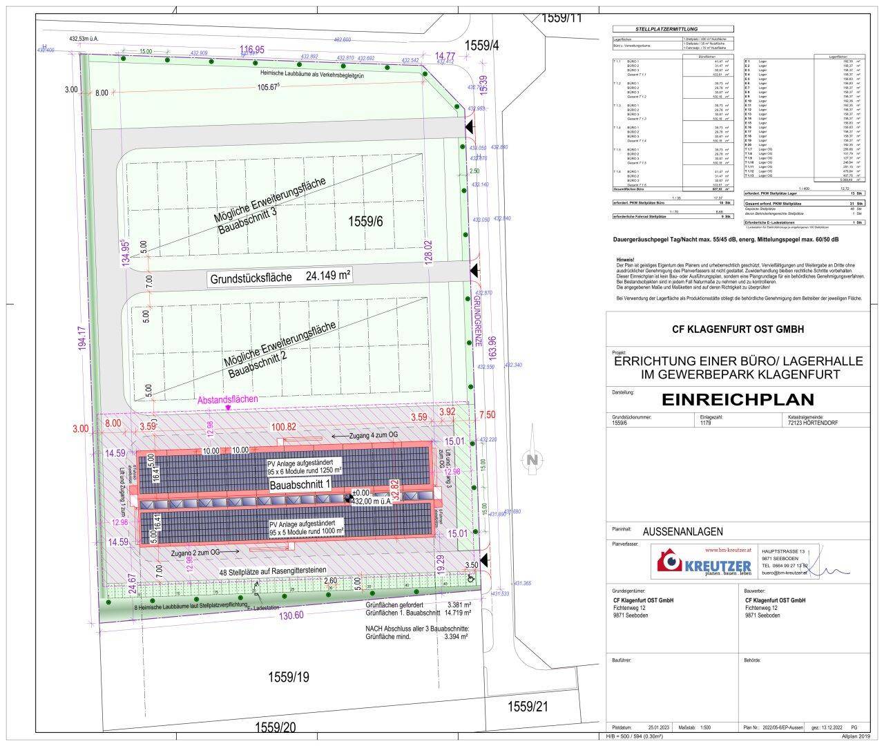 Detaillierter Einreichplan für eine Büro- und Lagerhalle im Gewerbepark Klagenfurt mit Grundstücksaufteilung.