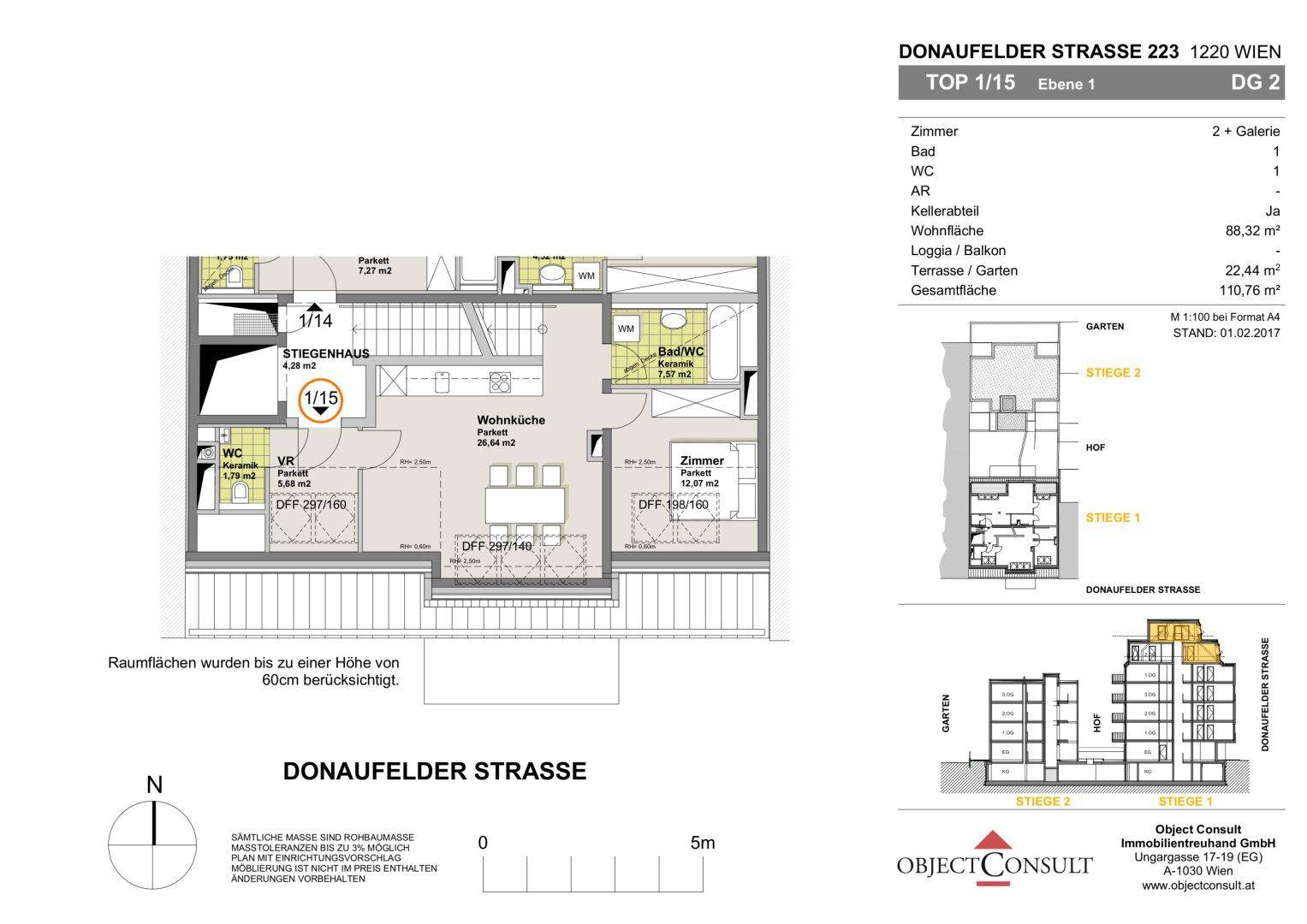 Grundriss der ersten Ebene mit Wohnküche, Zimmer, Bad und Zugang zu Terrasse/Garten.