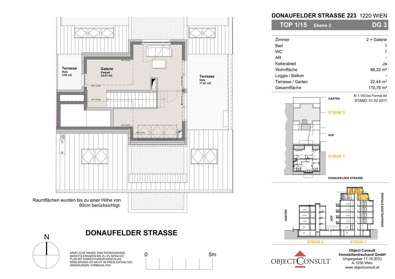 Grundriss der zweiten Ebene mit Galerie, einem Zimmer und zwei Terrassenbereichen.