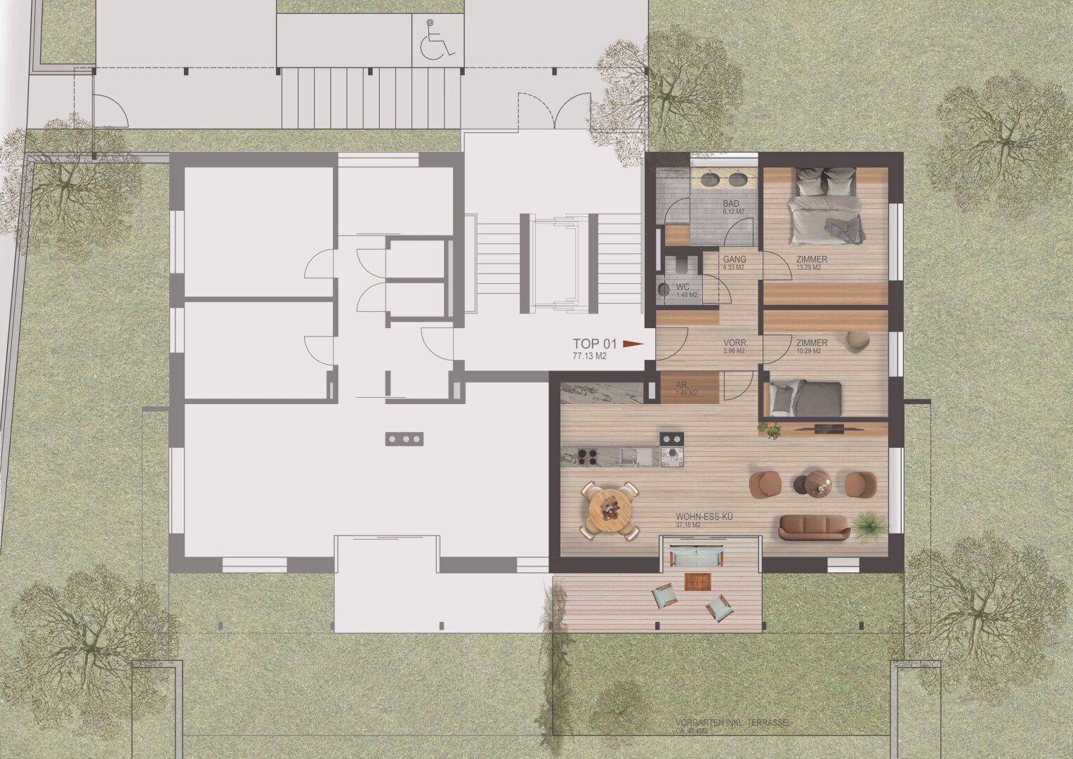 Grundriss von TOP 01 mit 77.13 m², offenem Wohn-Essbereich, zwei Zimmern, Bad, separatem WC und einer Terrasse.