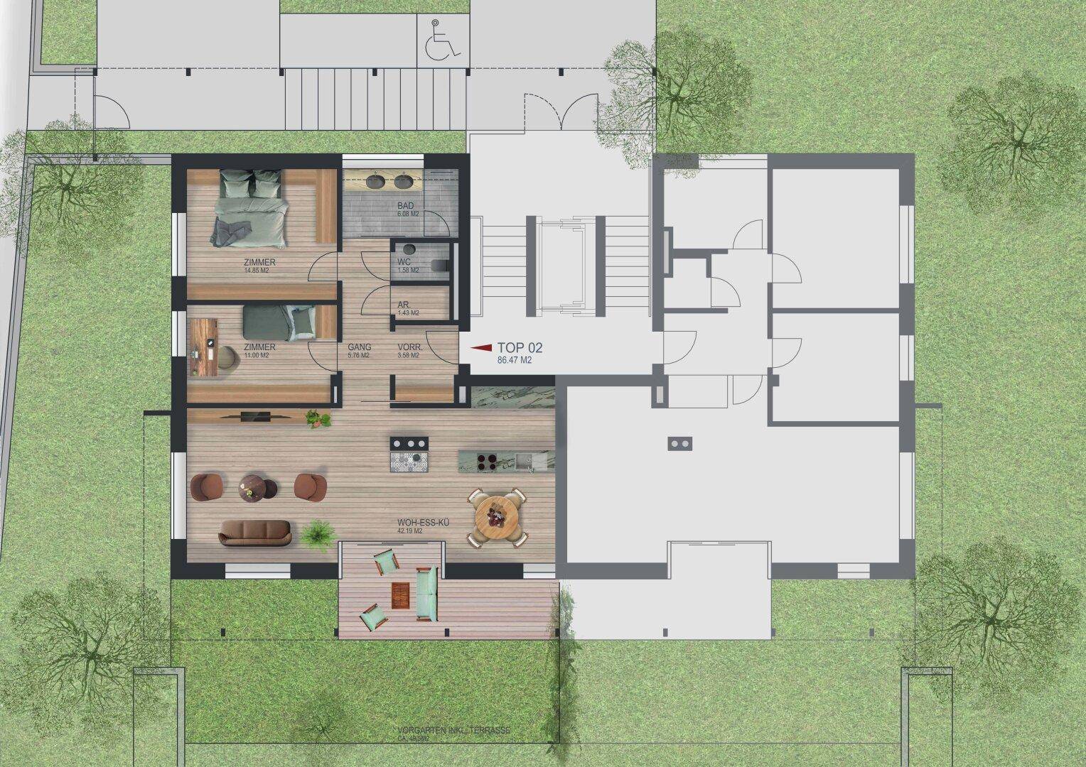 Grundriss von TOP 02 mit 85.47 m², offenem Wohn-Essbereich, zwei Schlafzimmern, Bad, separatem WC und einer Terrasse.