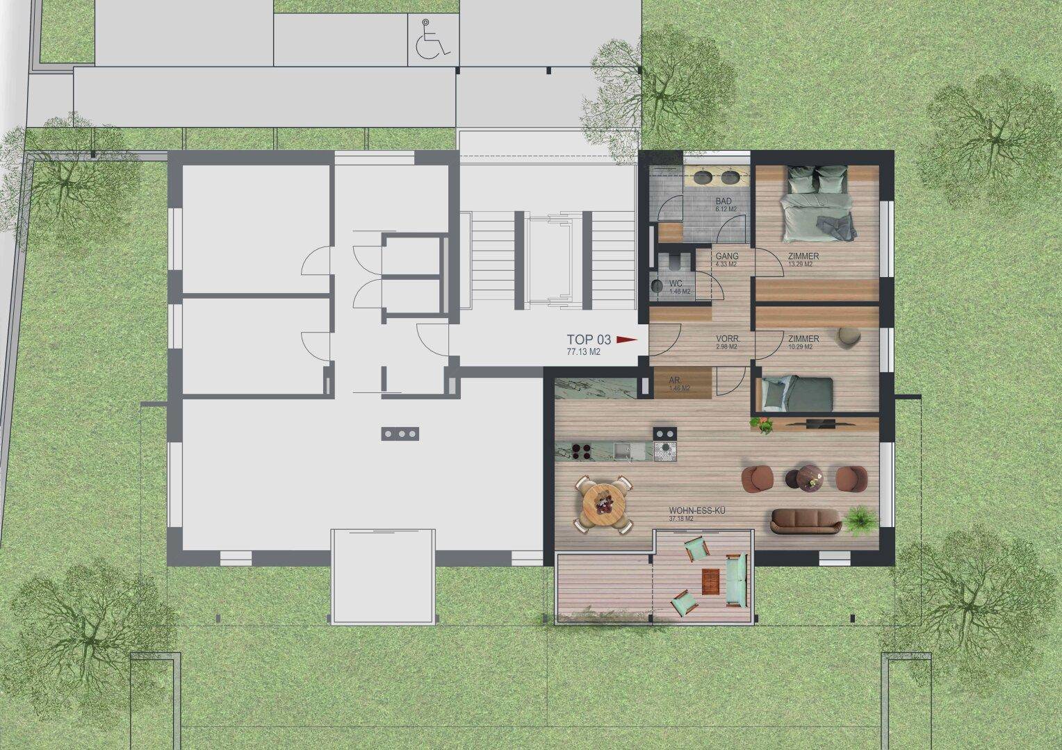 Grundriss von TOP 03 mit 77.13 m², offenem Wohn-Essbereich, zwei Zimmern, Bad, separatem WC und einer Terrasse.