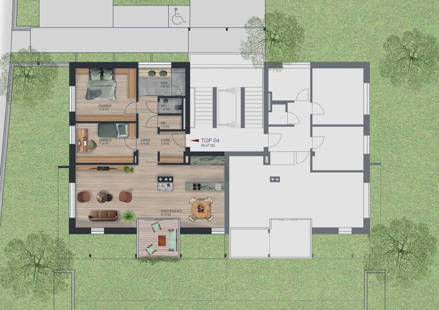 Grundriss von TOP 04 mit 85.47 m², offenem Wohn-Essbereich, zwei Schlafzimmern, Bad, separatem WC und einer Terrasse.