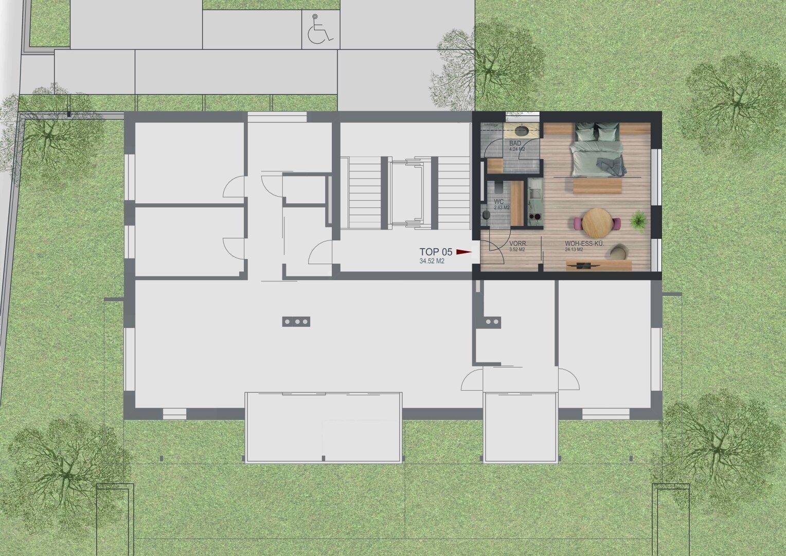 Grundriss von TOP 05 mit 34.52 m², offenem Wohn-Essbereich, einem Schlafzimmer, Bad und separatem WC.