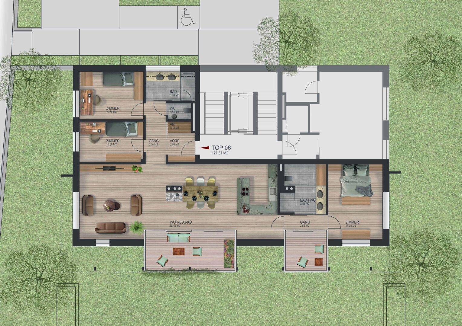 Grundriss von TOP 06 mit 127.31 m², großem offenem Wohn-Essbereich, drei Schlafzimmern, zwei Bädern und zwei Terrassen.