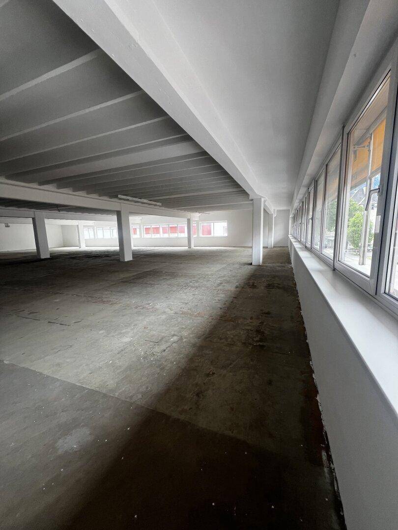 Weitläufiger Gewerberaum mit langen Fensterfronten, Betonboden und hohen Decken, ideal für flexible Nutzung.